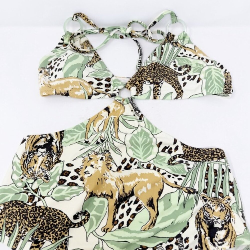 Aerie Cheeky Tropical Animal Print One Piece Cut Outs V-Neck Zoo Animals - Picture 3 of 6